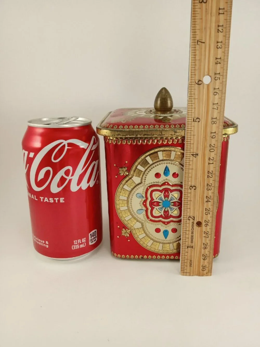 vintage Baret Ware Square Biscuit Tin, Candy Box, England ornate finial red gold